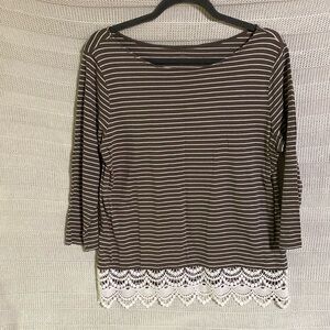 St John’s Bay Large Boat neck stripe top with lace hem brown and white